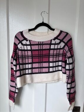 Altar'd State Pink and White Plaid Cropped Crew Sweater
